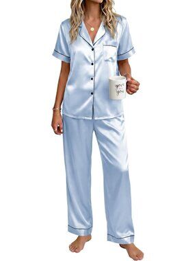 Women's Light Blue Silky Short Sleeve Button Down Loungewear Pajama Set